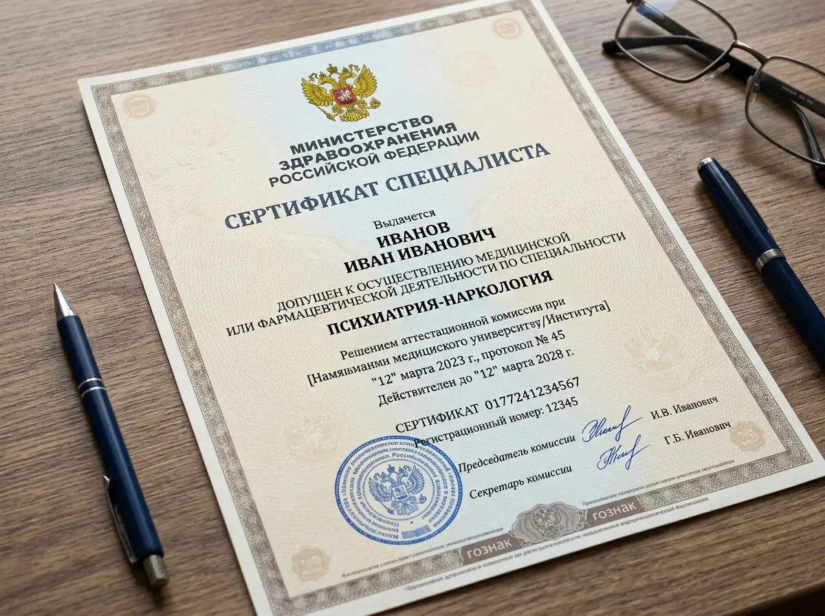 Сертификат специалиста врача-нарколога, документ государственного образца, подтверждающий квалификацию по специальности психиатрия-наркология